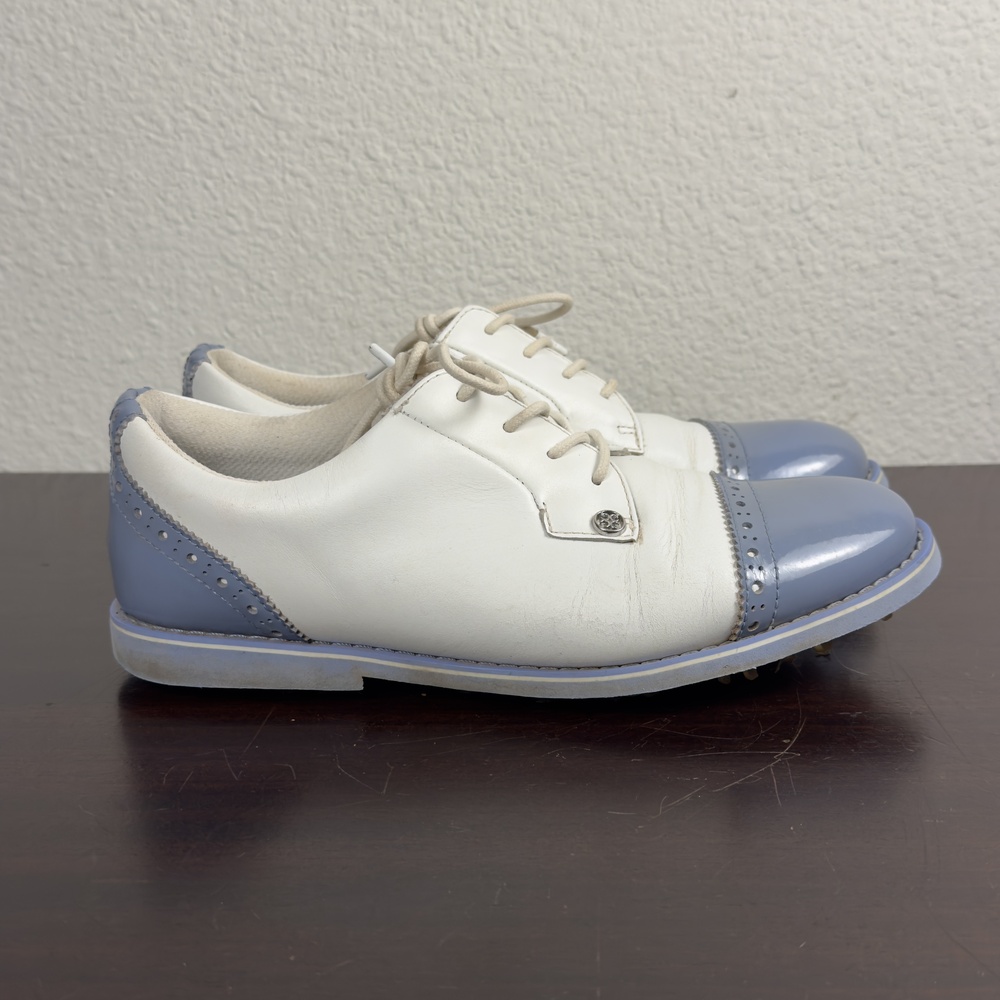G/FORE Golf Shoes Womens Size 7.5 White Blue Leather Cap Toe Spiked G4LS22EF04